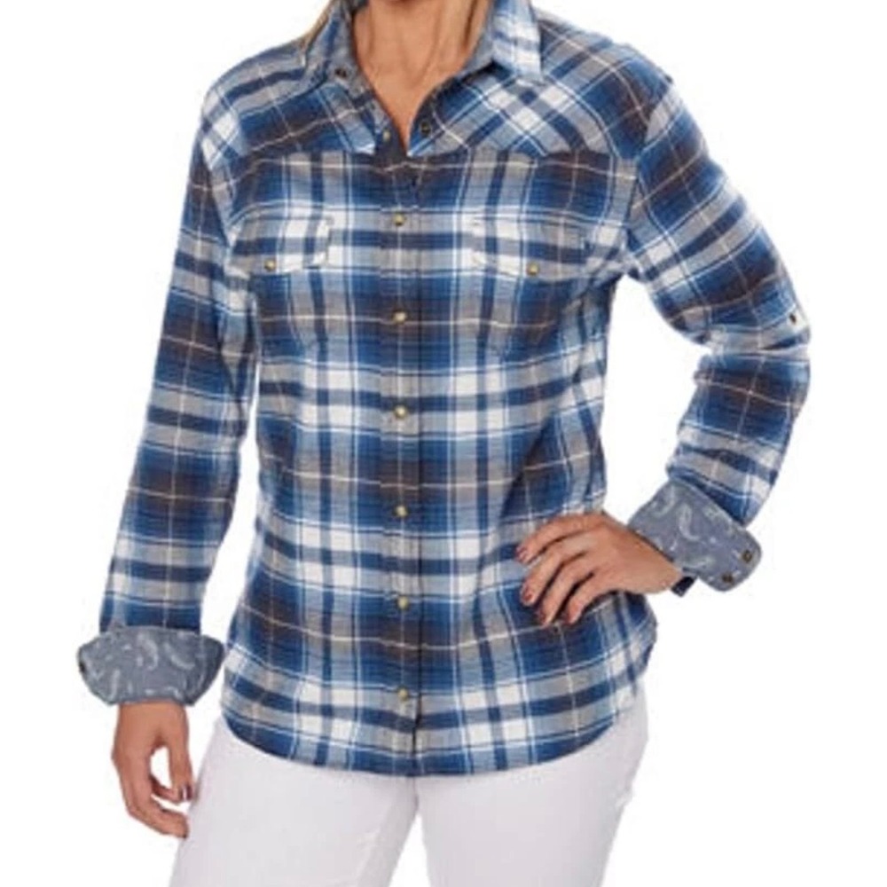 Jachs Girlfriend Bea Plaid Flannel Button Down Shirt Blue White Cotton Large